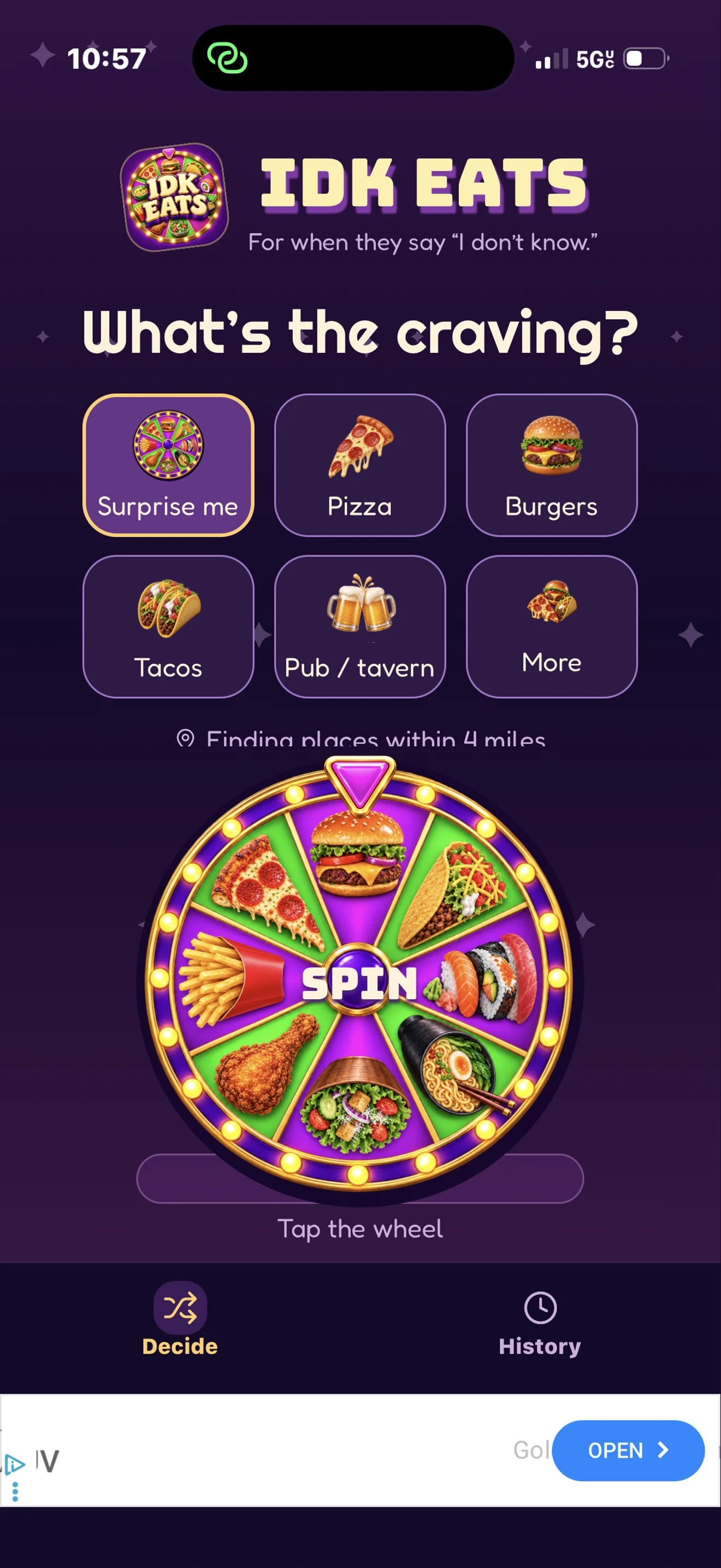 The IDK Eats app with food categories and the spin wheel