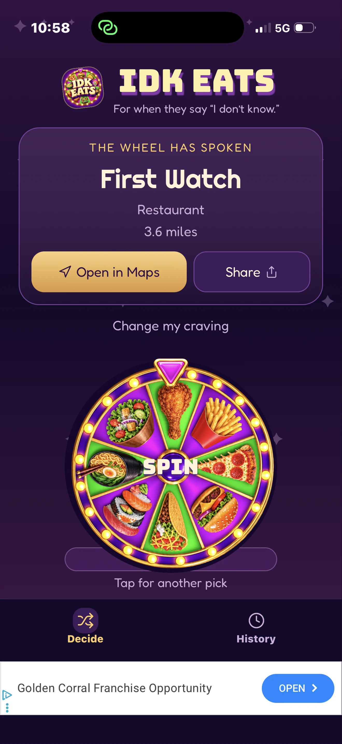 IDK Eats restaurant result screen