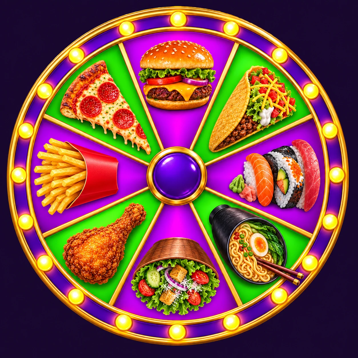 A golden food wheel with eight colorful slices